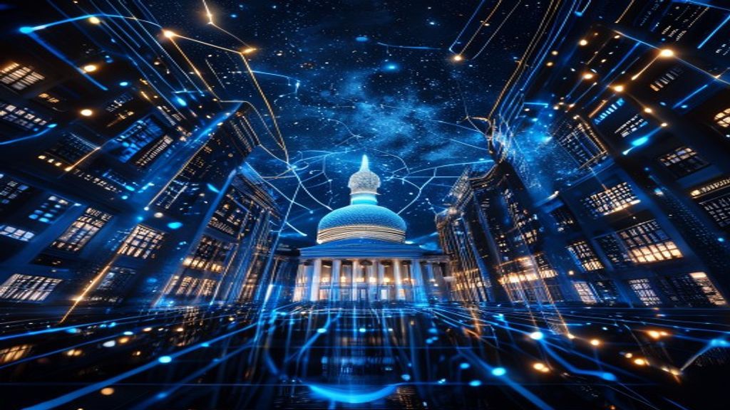 ai governance regulation must take place now shown as capitol building merged with neural network circuits