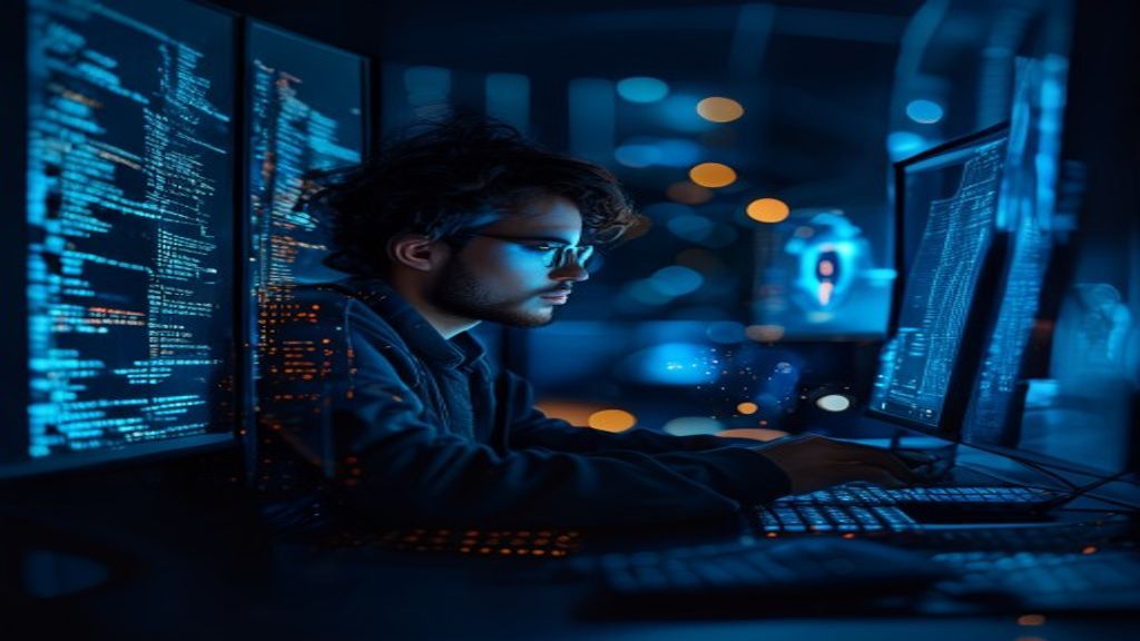 misconceptions about cybersecurity career shown with young professional at glowing terminal monitors