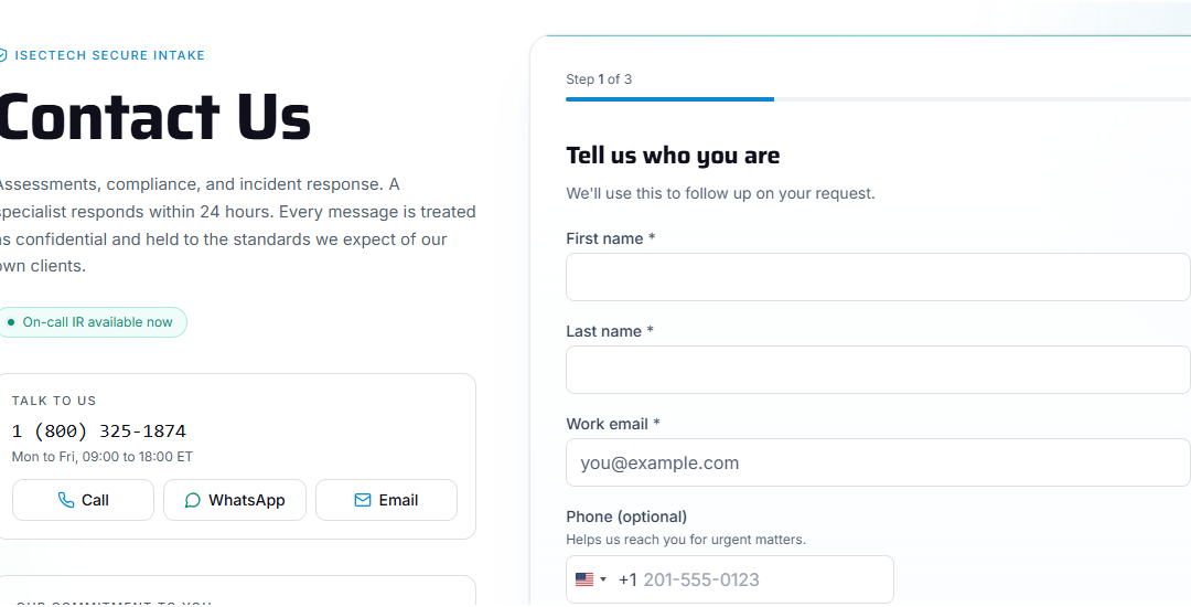 iSECTECH secure contact form intake page with name, work email, and phone fields
