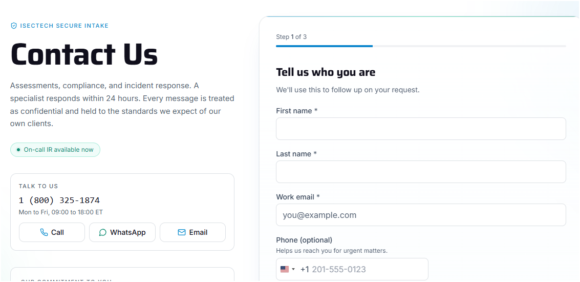 iSECTECH secure contact form intake page with name, work email, and phone fields